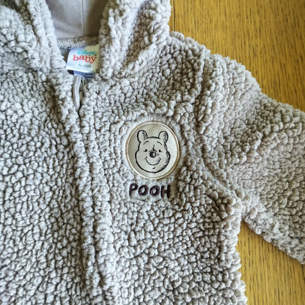Disney Baby Pooh Brown Fuzzy Hooded Infant one piece  6-9 Months